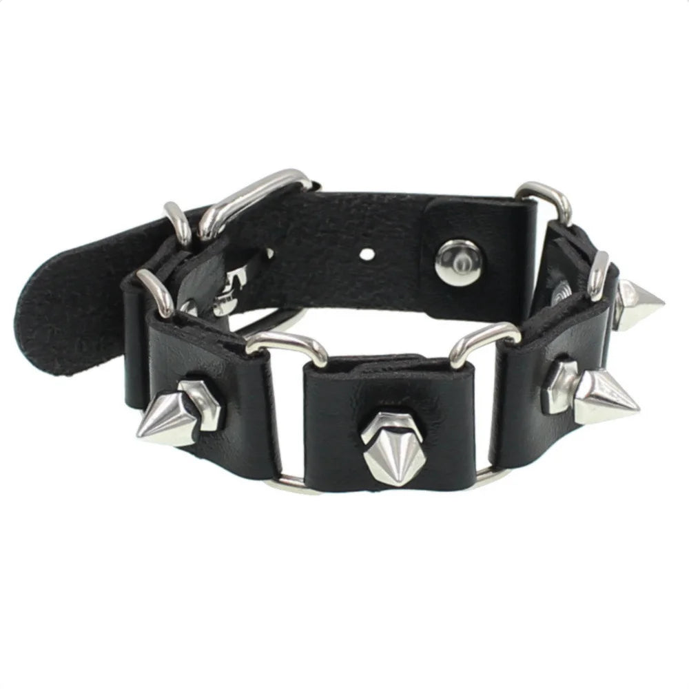 90s Punk Style Bracelet – PU Leather with 3 Rows of Spikes & Square Studs, Fashion Bangle for 2024