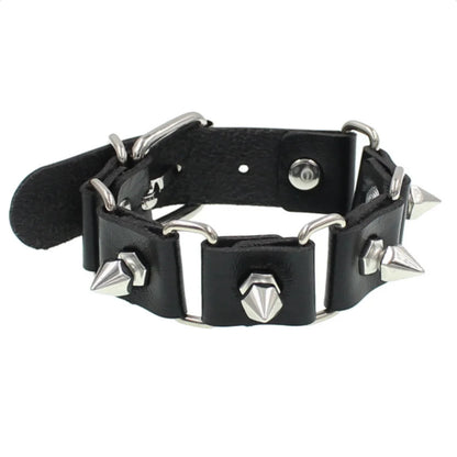 90s Punk Style Bracelet – PU Leather with 3 Rows of Spikes & Square Studs, Fashion Bangle for 2024