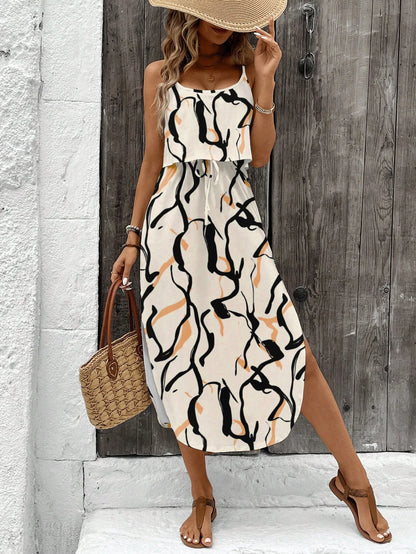 Women’s Summer Spaghetti Strap Dress - Sleeveless Flowy Casual Maxi Dress with Belt & Side Slit