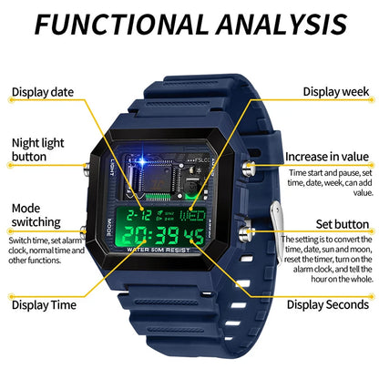 SANDA 6216 Men's Digital Sport Watch - Square LED Display, Waterproof Alarm & Stopwatch