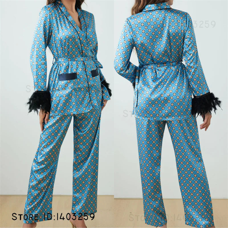 Women’s Pink Striped Pajamas Set – Satin Long Sleeve Loungewear & Loose Casual Home Wear