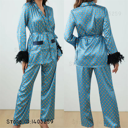 Women’s Pink Striped Pajamas Set – Satin Long Sleeve Loungewear & Loose Casual Home Wear