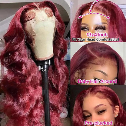 Burgundy 99J Body Wave Wig – 13x4/13x6 HD Lace Front, Pre-Plucked Human Hair Red Colored Wig
