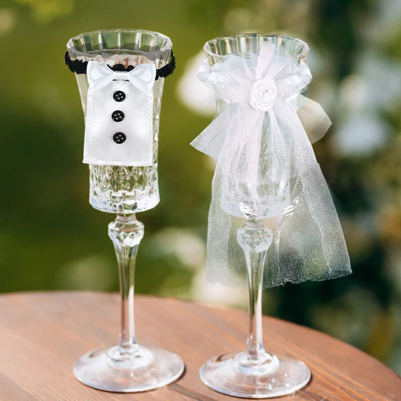 2Pcs Bride and Groom Wine Cup Wraps - Champagne Glass Bottle Covers for Wedding Table Decoration and Bachelorette Party Decor