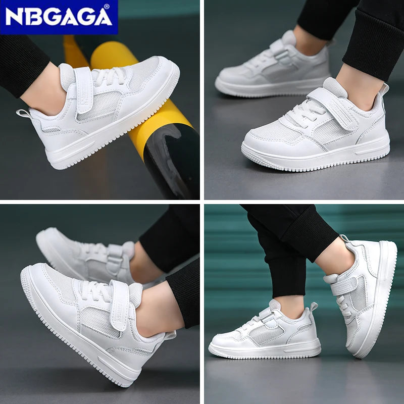 Children’s Black Leather Sneakers – Non-Slip Casual Flat Walking Shoes for Boys & Girls, Lightweight Student Sports Footwear