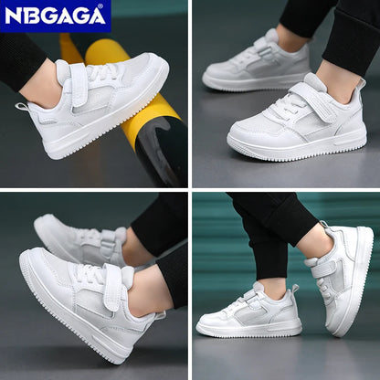 Children’s Black Leather Sneakers – Non-Slip Casual Flat Walking Shoes for Boys & Girls, Lightweight Student Sports Footwear