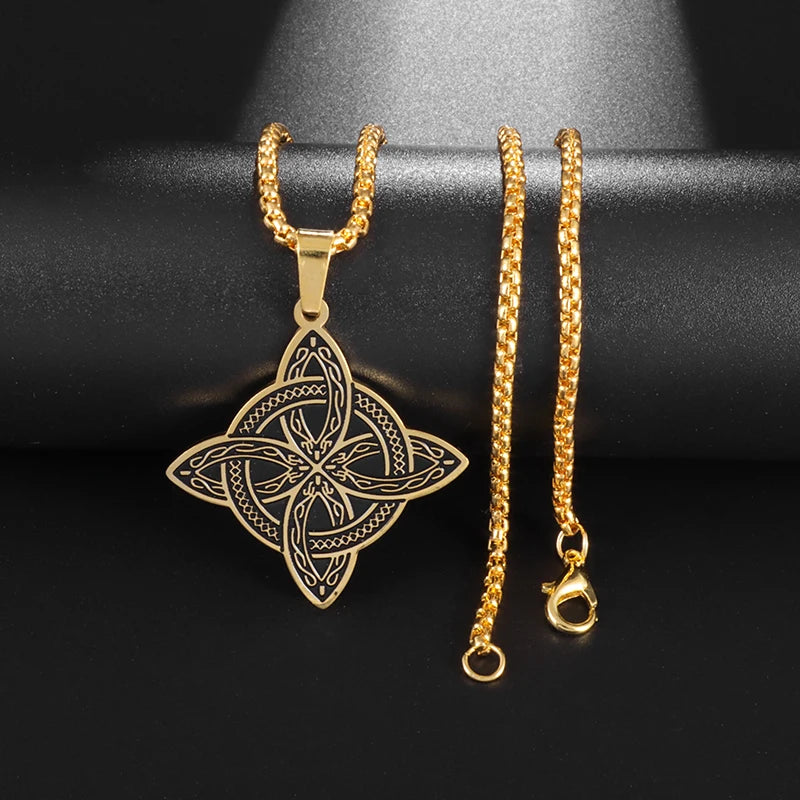 Witch Knot Necklace – Stainless Steel Magic Celtic Knot Pendant, Pagan Witchcraft Symbols, Jewelry Gift for Women