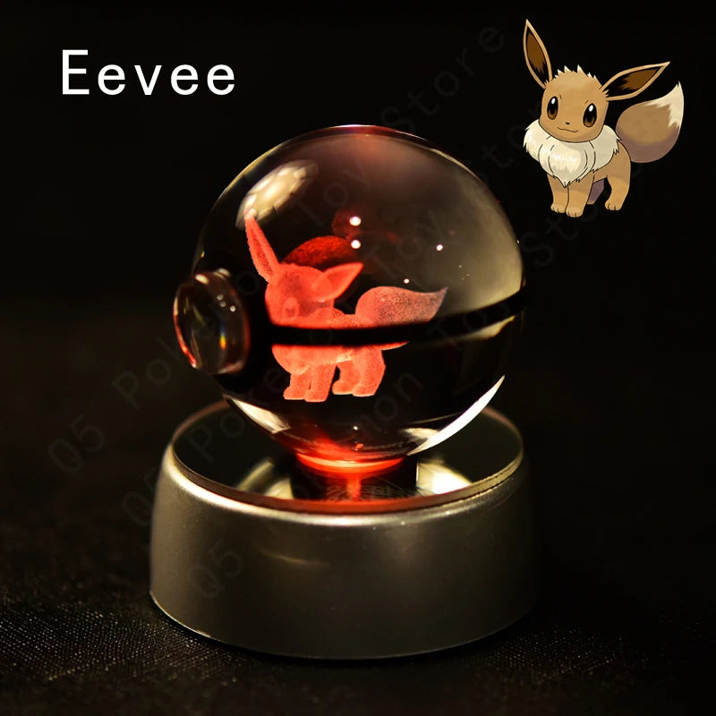 Pokemon 3D Crystal Ball Figurine — Pikachu, Gengar, Mew, Mewtwo Glass Statue with Lamp Base, Kids Birthday Gift