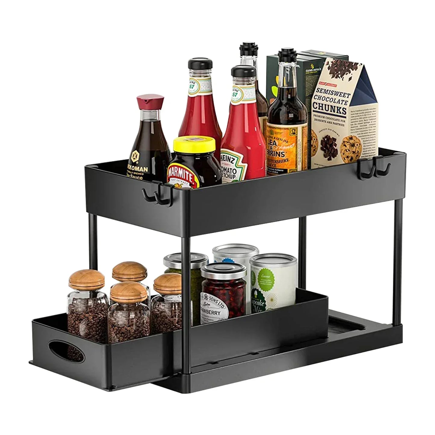 2-Tier Under Sink Sliding Organizer — Cabinet Basket Storage Rack with Hooks for Bathroom & Kitchen Cups