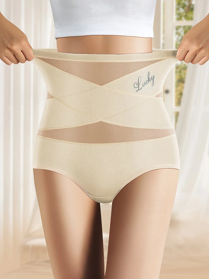 High-Waisted Women’s Panties – Breathable Mesh, Cross Tummy Cinching, Ice Silk No-Trace Triangle Underwear for Tummy Shaping