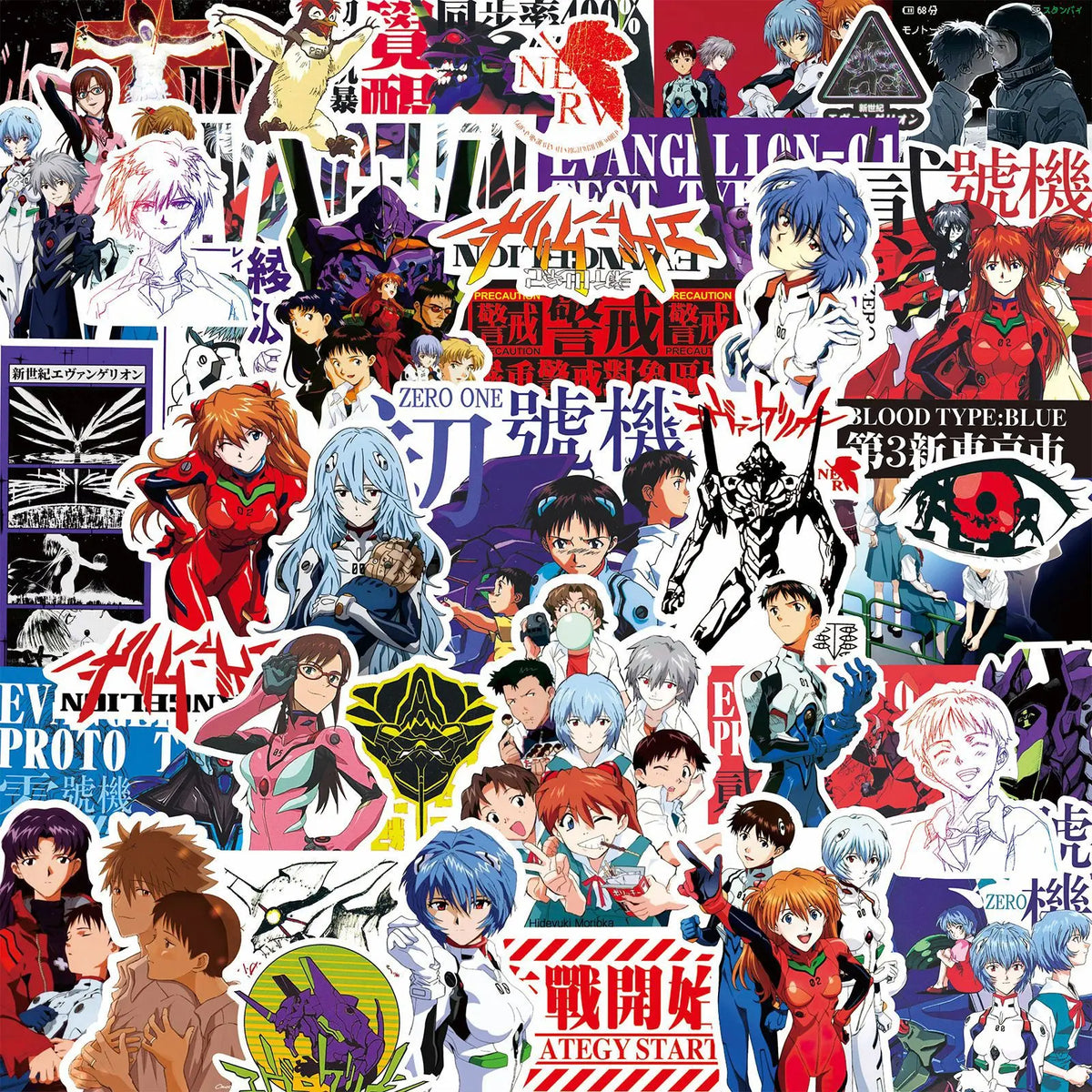 70/75-Piece Neon Genesis Evangelion Sticker Set - Black & White Sketch Anime Decals for Notebooks, Skateboards & Bikes