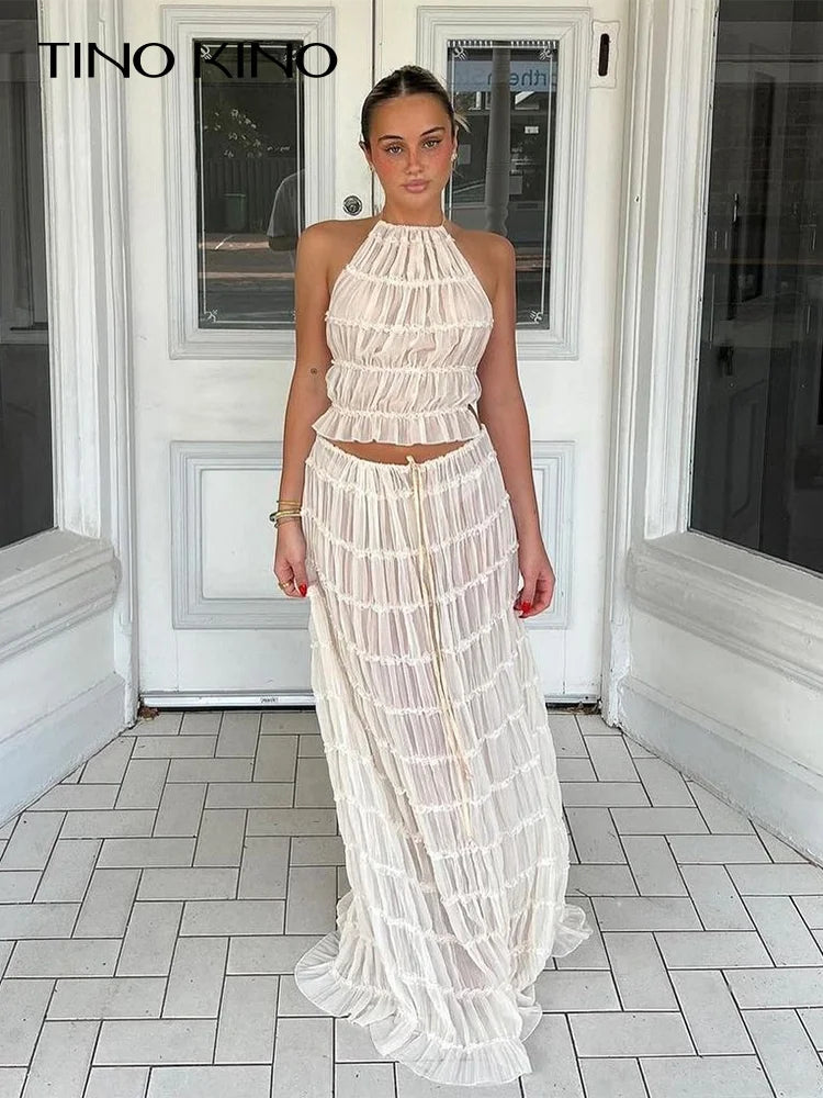 Women's Fashion Solid Hang Neck Long Skirt Suit: Backless Sling Top with Lace-Up Fold Maxi Skirt - Spring Summer 2 Piece Set