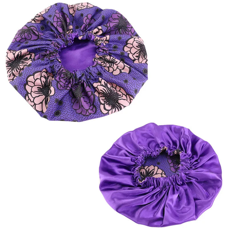Women’s Double-Layer Satin Bonnet - African Ankara Floral Print Adjustable Reusable Sleep Cap for Hair Care