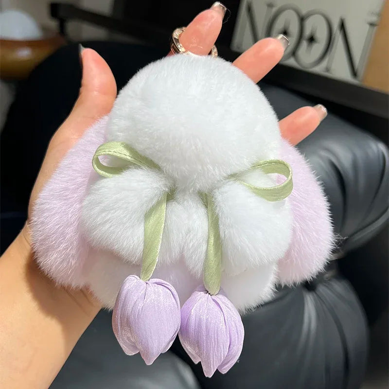 Cute Real Rex Rabbit Fur Keychain – Mini Bunny Pendant Bag Charm & Car Key Ring Plush Toy Gift for Women