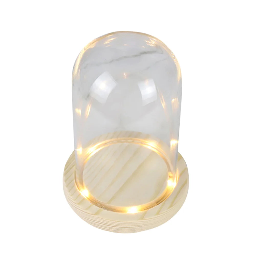 Glass Dome with Wooden Base & LED Light – Terrarium Vase, Flower Holder, Landscape Container for Bedroom Decor & Birthday Gifts