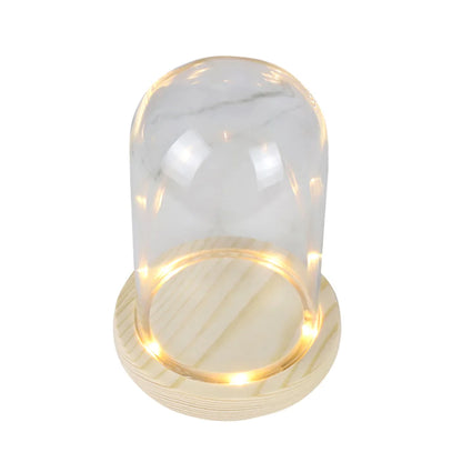 Glass Dome with Wooden Base & LED Light – Terrarium Vase, Flower Holder, Landscape Container for Bedroom Decor & Birthday Gifts