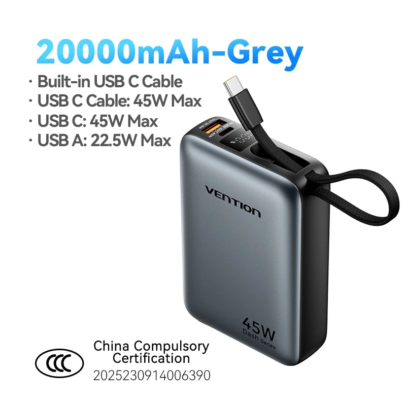 Vention 45W 20000mAh Power Bank - Fast Charging Portable Battery for iPhone, Samsung & Xiaomi