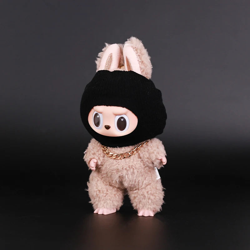 Labubu Doll Accessories – Trendy Black Knit Hat & Necklace Set, Cute and Funny Street Fashion Style