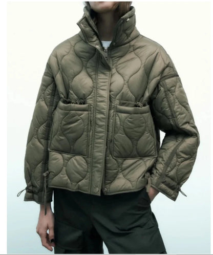 2024 ETJ Quilted Women's Coat – Beige Drawstring High Neck Jacket with Ties & Pockets