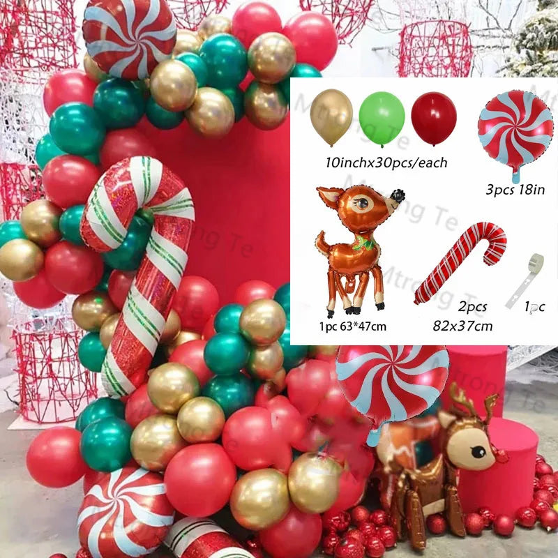 Christmas Balloon Garland Arch – Red & Green Balloons, Star, Santa, and Gift Box Foil Balloons for Xmas and New Year Decoration