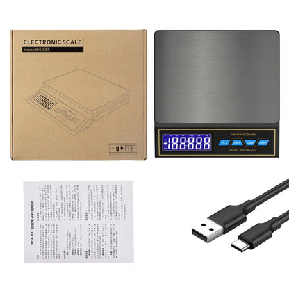 LCD Digital Kitchen Scale 30kg/1g – Rechargeable Stainless Steel Precision Electronic Weighing Scale for Food, Baking & Jewelry