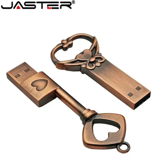 JASTER Copper Heart-Shaped Key USB Flash Drive – Metal Pendrive Memory Stick 4GB/16GB/32GB/64GB, Perfect Wedding Gift