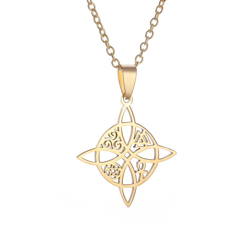Witchcraft Witch Knot Necklace - Irish Trinity Knot Triple Spiral Pendant, Stainless Steel Ankh Cross Pentagram Amulet Jewelry
