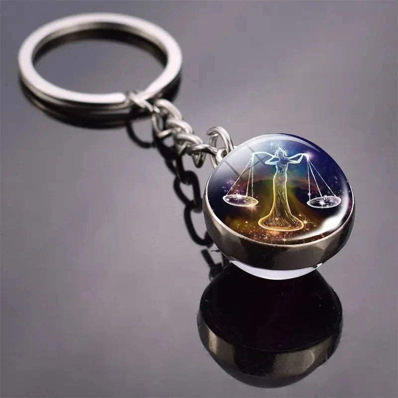 S12 Constellation Keychain – Luminous Double-Sided Zodiac Glass Ball Pendant for Men & Women
