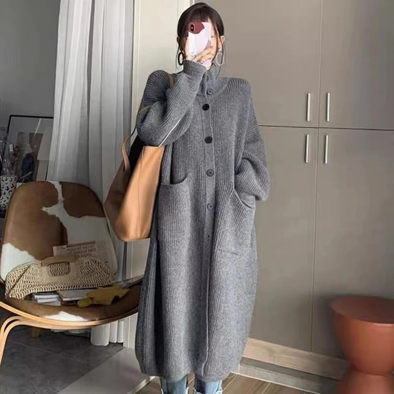 Women's High Neck Knitted Cardigan – Single Breasted Long Sleeve Mid-Length Sweater Jacket for Spring & Autumn