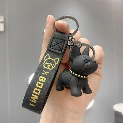French Bulldog Keychain - Punk Style PU Leather Bag Pendant for Women & Men, Car Key Ring