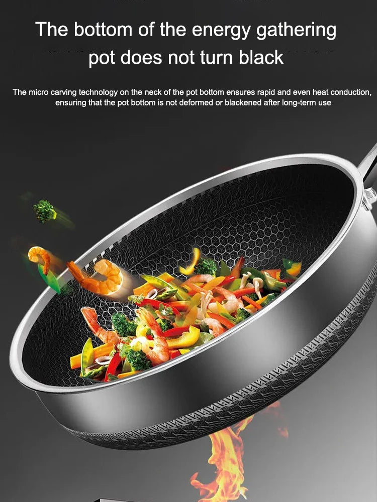 Tri-Ply 316 Stainless Steel Wok Pan with Double-Sided Honeycomb Skillet - Suitable for All Stoves
