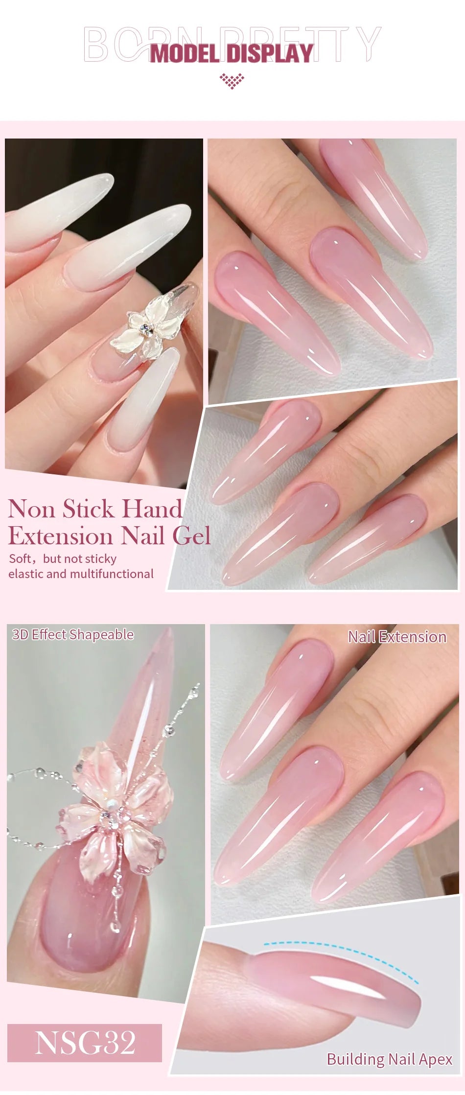 BORN PRETTY 15ml Clear Non-Stick Hand Extension Gel - 3D Shaping Nail Art, Milky Jelly Hard Gel for Fake Nails
