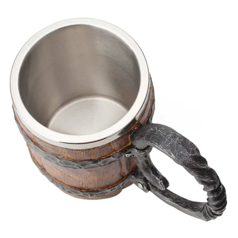 Viking-Style Wooden Beer Mug – Insulated Metal Barrel Cup for Drinks (1PCS)