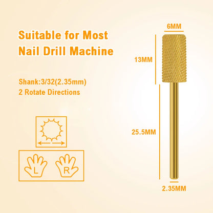 Gold Tungsten Carbide Nail Drill Bits – Large Barrel Milling Cutter, Pro Reversed Durable Grinding & Polishing Tools Accessories 4XC