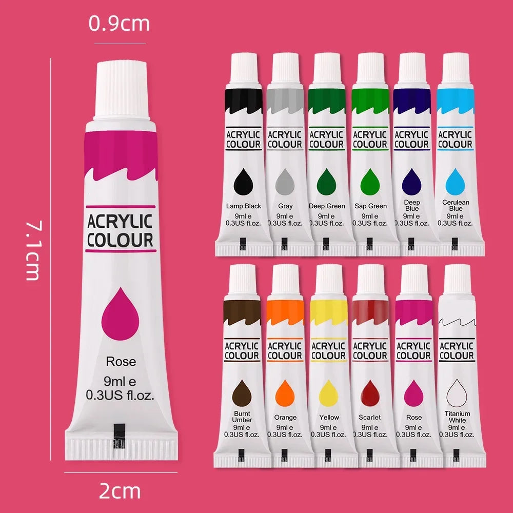 12-Color Acrylic Paint Set - 9ml Waterproof Art Supplies for Beginners, Canvas Painting, DIY Crafts & Creative Projects