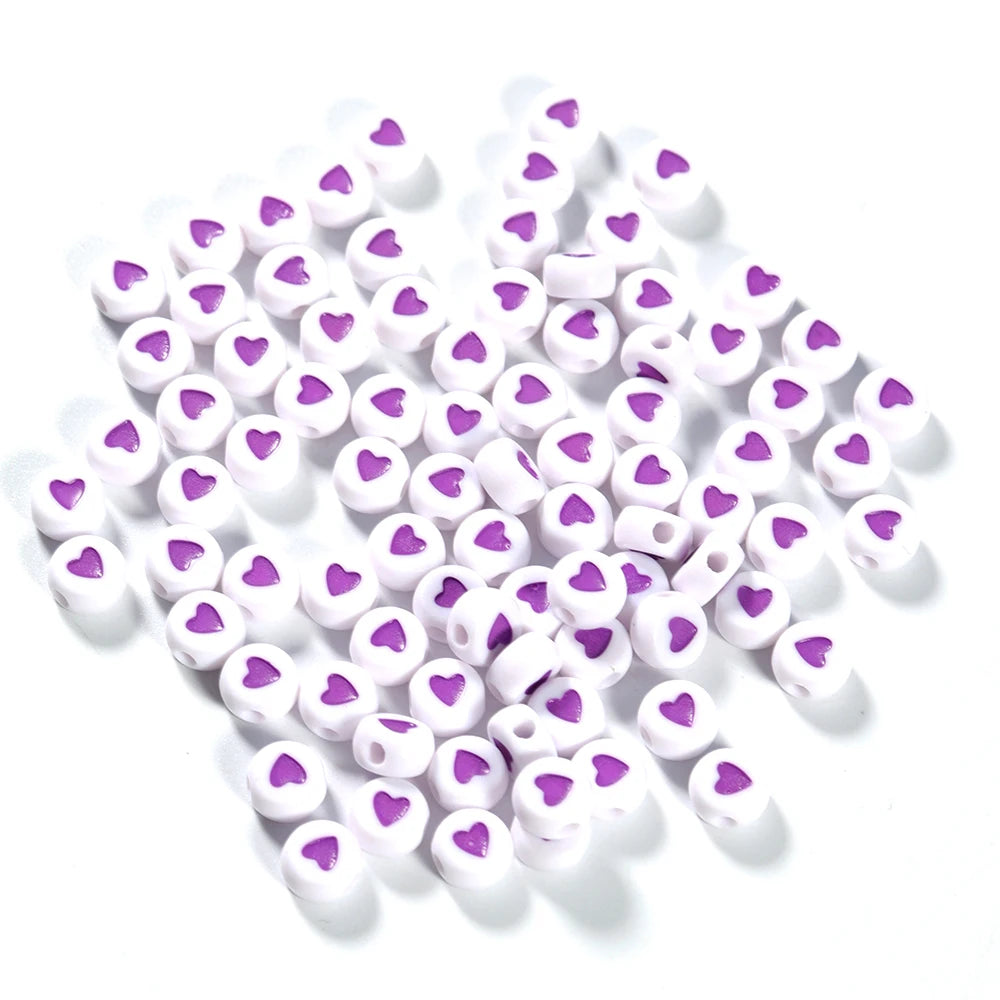 100Pcs 7mm Acrylic Flat Round Beads – Colorful Heart Pattern Spacer Beads for DIY Bracelet & Earring Jewelry Making Supplies