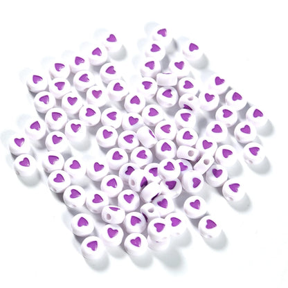 100Pcs 7mm Acrylic Flat Round Beads – Colorful Heart Pattern Spacer Beads for DIY Bracelet & Earring Jewelry Making Supplies