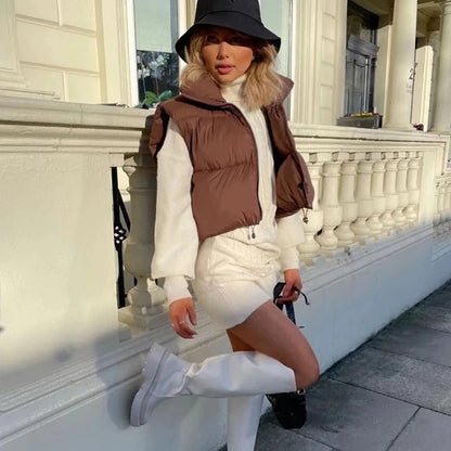 Autumn Winter Women's Short Cotton Down Vest – Warm Quilted Sleeveless Jacket with Stand-Up Collar for Outdoor Travel