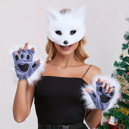 5pcs Fluffy Fur Fox Tail & Cat Paws Gloves Set — Wolf Mask Halloween Cosplay Costume Accessories for Theme Party Dress-Up