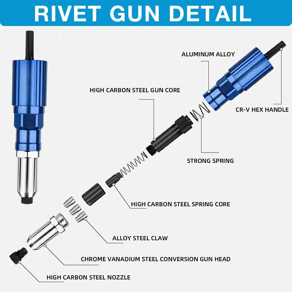 Electric Rivet Gun Kit – Portable 2.4mm-4.8mm Rivet Nut Tool with Drill Adapter, Wireless & Plug-in Home Riveting Set