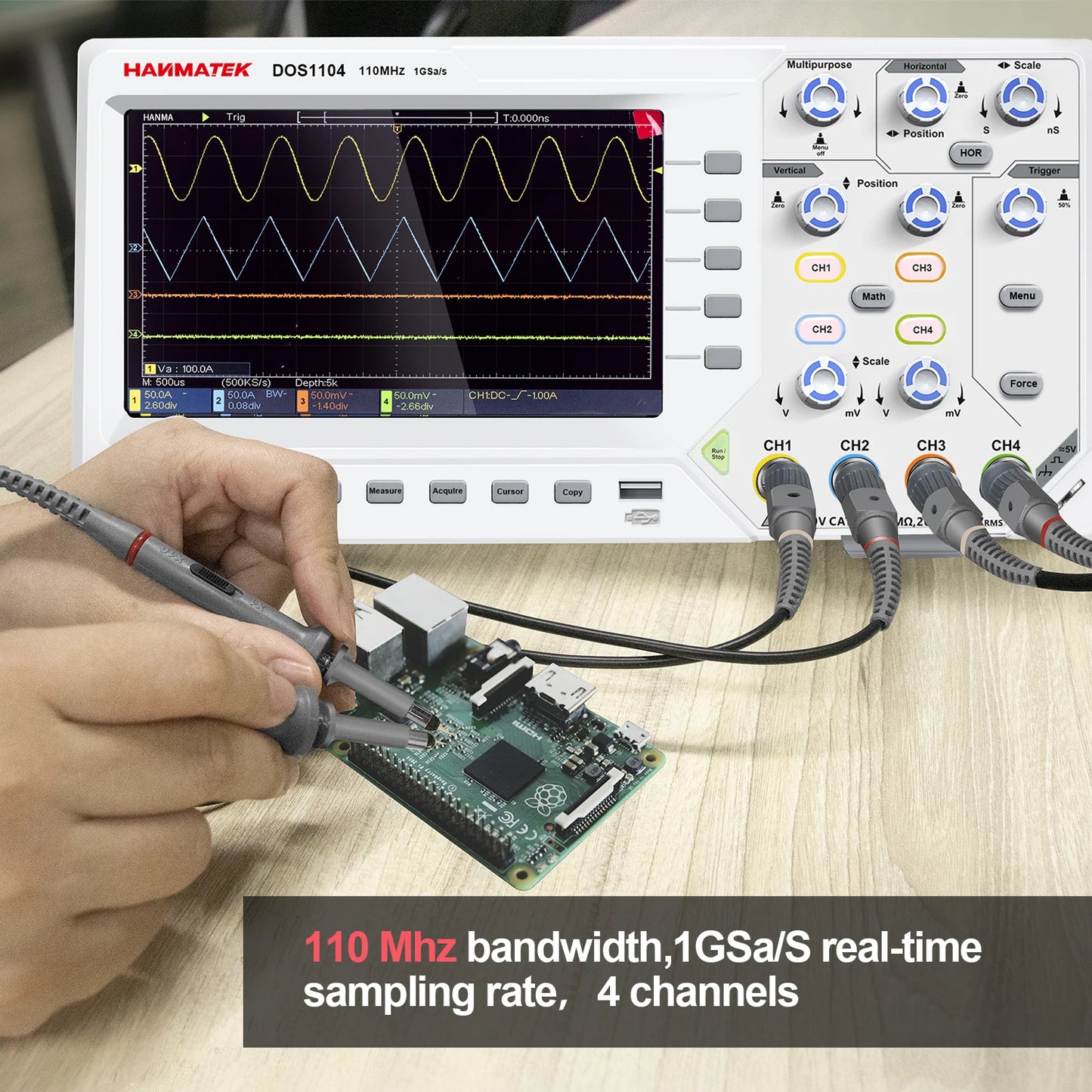 Hanmatek Digital Oscilloscope – 2/4 Channel 110MHz Bandwidth, 1GS/s Sampling Rate, 7'' TFT Display, Desktop Storage Scope
