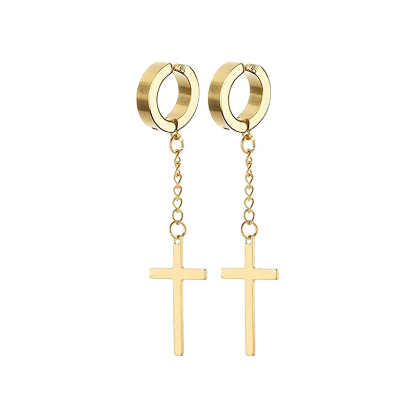 Gold Cross Huggie Hoop Earrings - Minimalist Dangle Charm Jewelry for Men & Women