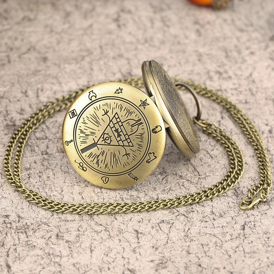Eye of Providence Triangle Devil Quartz Pocket Watch - Gravity Bill Cipher Fall Time Gem Necklace Pendant Clock Gift