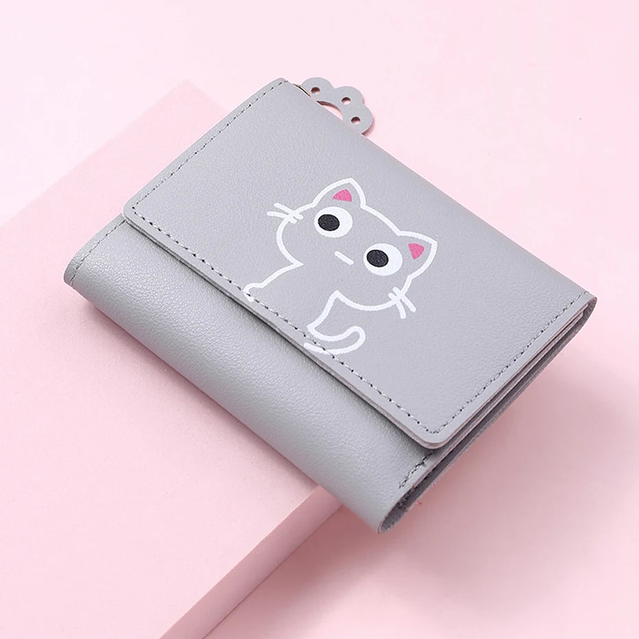 Women’s Cute Cat PU Leather Wallet — Small Short Card Holder Purse with Hasp, Fashion Money Bag for Girls & Gifts