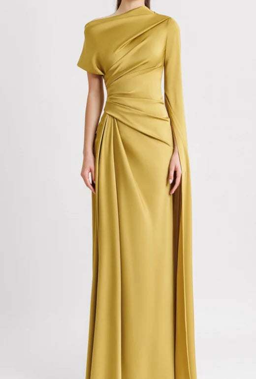 Women’s Solid Color Long Dress – Slanted Collar, Raglan Sleeves, Pleated Waist, Retro Elegant Commuting Style