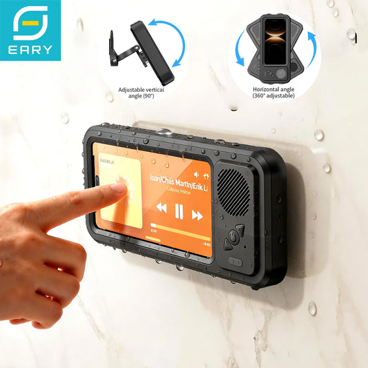 Waterproof Shower Phone Holder with Bluetooth Speaker – Wall Mounted Bathroom Phone Case Stand for Mirror & Hands-Free Music Streaming