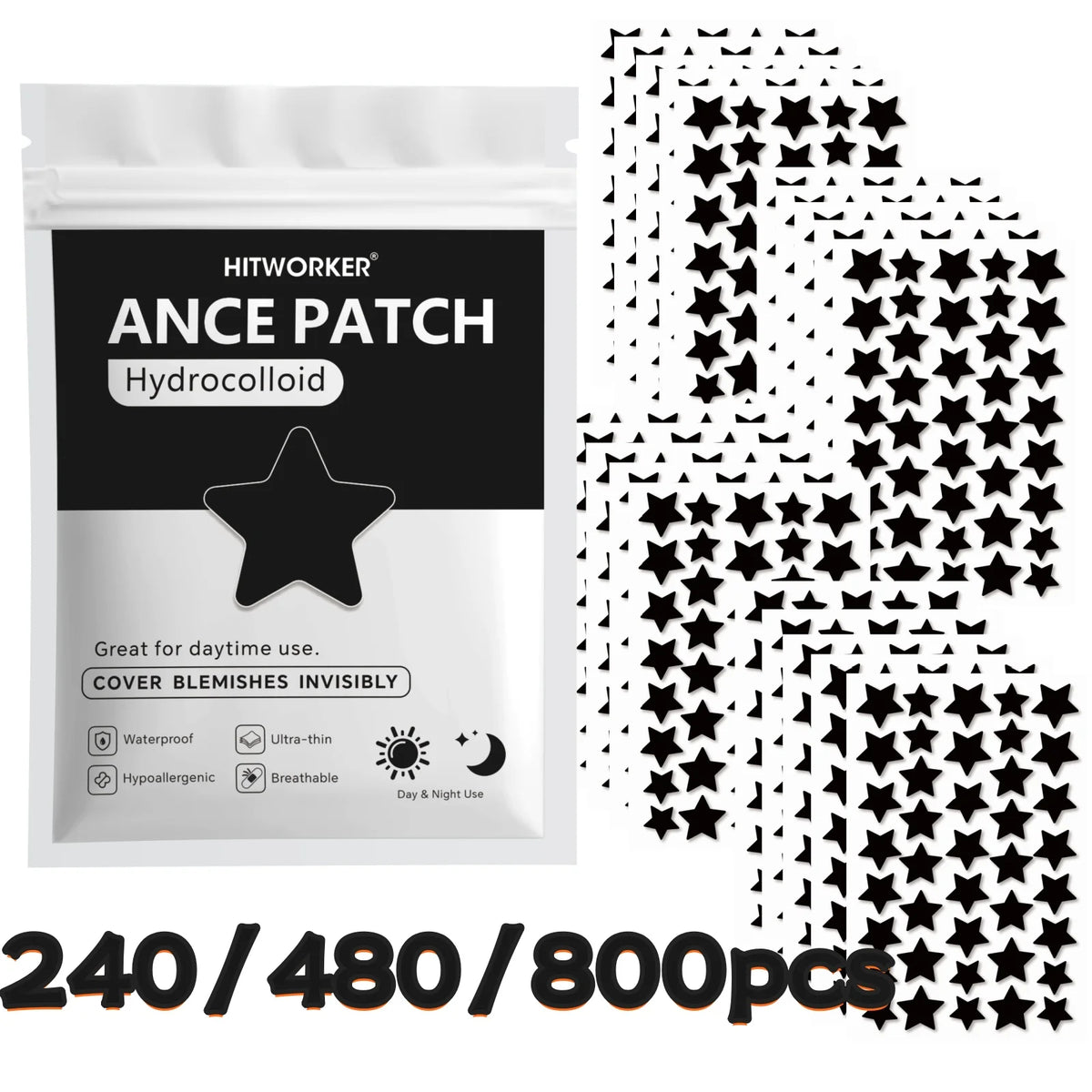 Black Star Hydrocolloid Pimple Patches - Bulk Acne Stickers with Tea Tree Oil, 240/480/800 Pieces