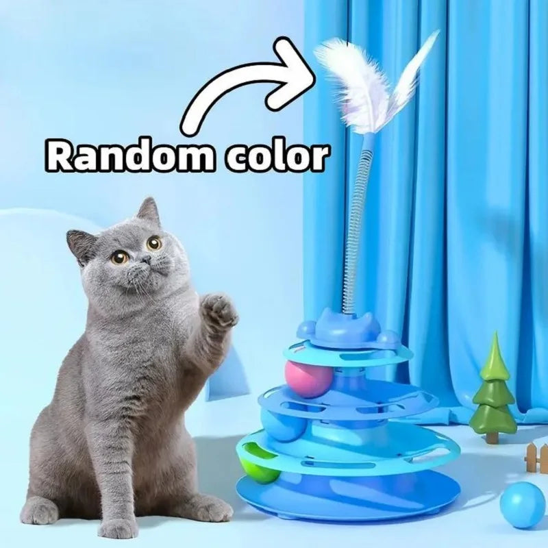 Interactive Cat Toy Tower - Kitten Turntable Track Roller Balls & Feather Training Toy