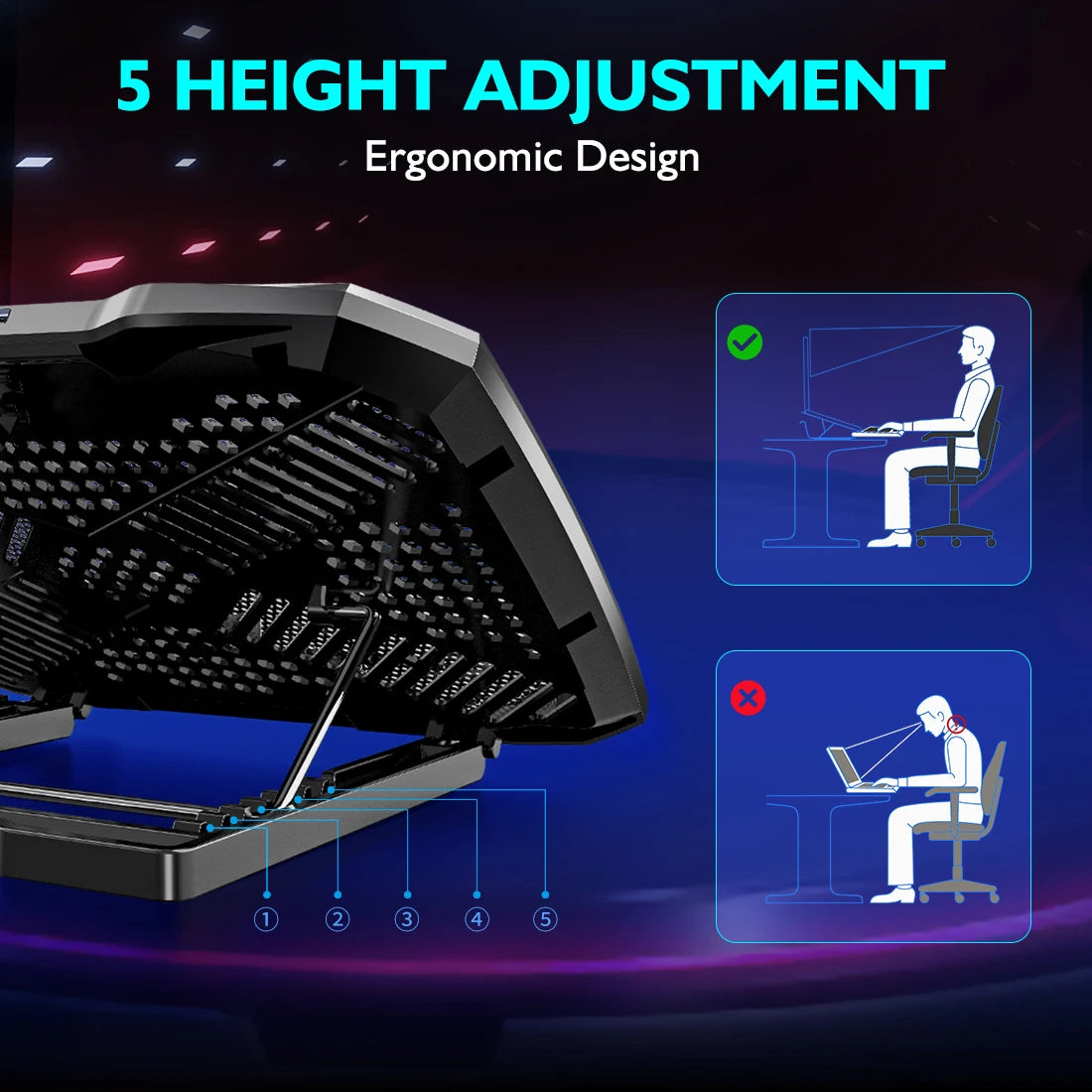 COOLCOOLD Laptop Cooling Pad for 12-17 Inch Laptops - Stand with 5 Quiet Fans, 5 Adjustable Angles, and Phone Holder
