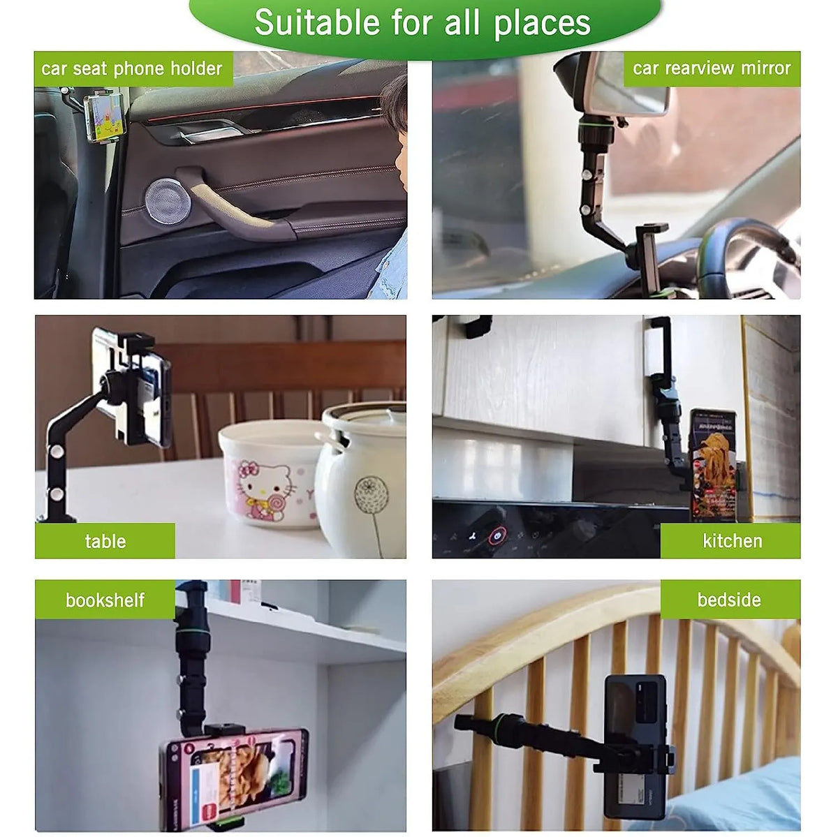 Rearview Mirror Phone Holder - 360° Rotatable Retractable Car Phone Mount for All Vehicles